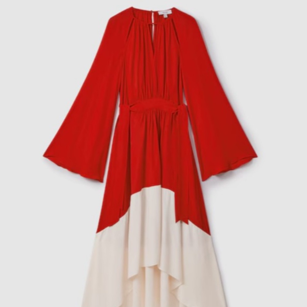 REISS LUELLA COLOUR BLOCK FIT-AND-FLARE MIDI DRESS IN RED/CREAM